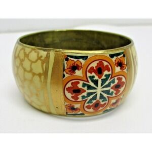 Wide 1⅜" brass bangle - metal with Patterned flower & colors